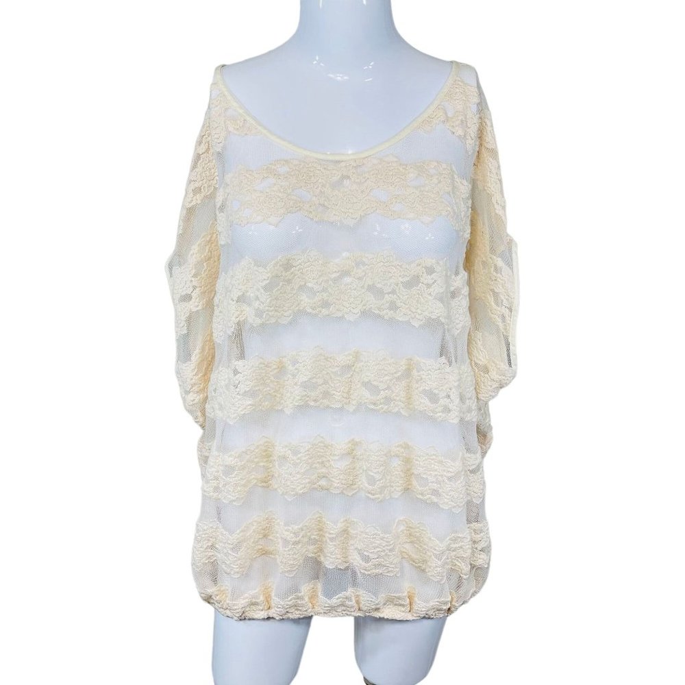 Free People County Fair Banded Bottom Ivory Lace Kimono Short Sleeve Top Medium